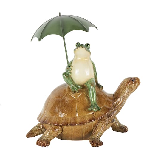 12" Bronze Sitting Frog Sculpture with Umbrella & Brown Walking Turtle